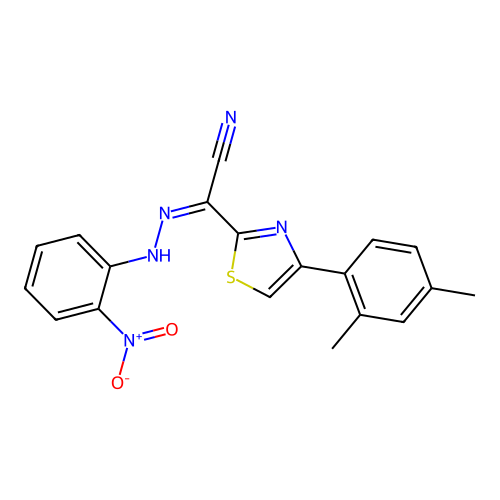 (Z)-4-(2,4-dimethylphenyl)-N'-(2-nitrophenyl)thiazole-2-carbohydrazonoyl cyanide structure