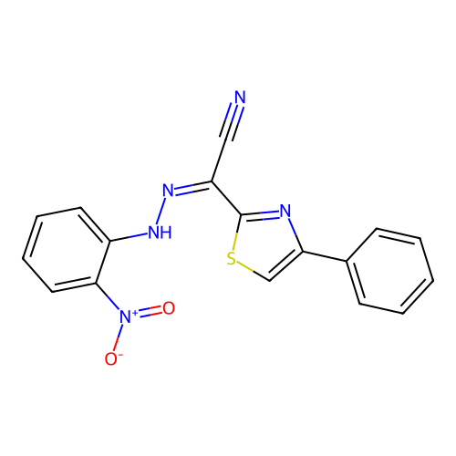 (Z)-N'-(2-nitrophenyl)-4-phenylthiazole-2-carbohydrazonoyl cyanide structure