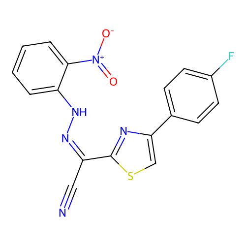 (Z)-4-(4-fluorophenyl)-N'-(2-nitrophenyl)thiazole-2-carbohydrazonoyl cyanide structure
