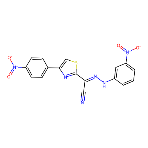 (2E)-N-(3-nitroanilino)-4-(4-nitrophenyl)-1,3-thiazole-2-carboximidoyl cyanide structure