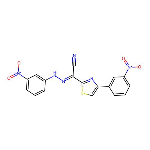 (2E)-N-(3-nitroanilino)-4-(3-nitrophenyl)-1,3-thiazole-2-carboximidoyl cyanide structure