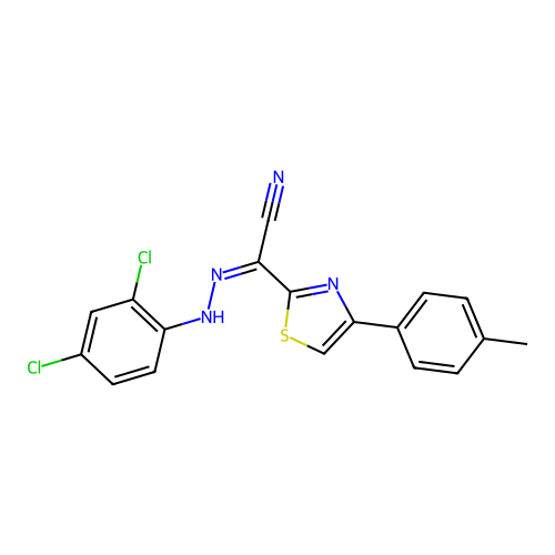 (Z)-N'-(2,4-dichlorophenyl)-4-(p-tolyl)thiazole-2-carbohydrazonoyl cyanide structure