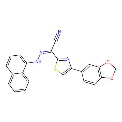 (Z)-4-(benzo[d][1,3]dioxol-5-yl)-N'-(naphthalen-1-yl)thiazole-2-carbohydrazonoyl cyanide structure