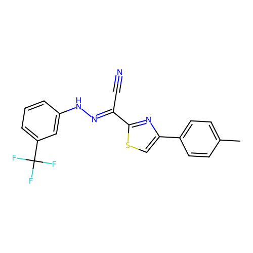 (E)-4-(p-tolyl)-N'-(3-(trifluoromethyl)phenyl)thiazole-2-carbohydrazonoyl cyanide structure