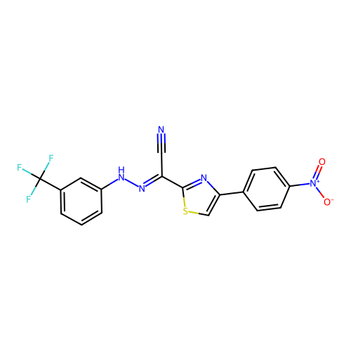 (E)-4-(4-nitrophenyl)-N'-(3-(trifluoromethyl)phenyl)thiazole-2-carbohydrazonoyl cyanide structure