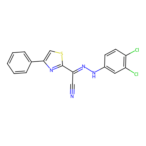 (E)-N'-(3,4-dichlorophenyl)-4-phenylthiazole-2-carbohydrazonoyl cyanide structure