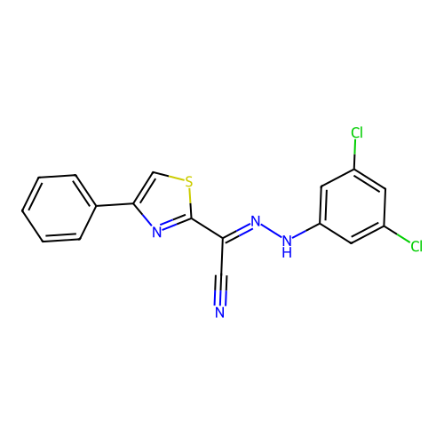 (2E)-N-(3,5-dichloroanilino)-4-phenyl-1,3-thiazole-2-carboximidoyl cyanide structure