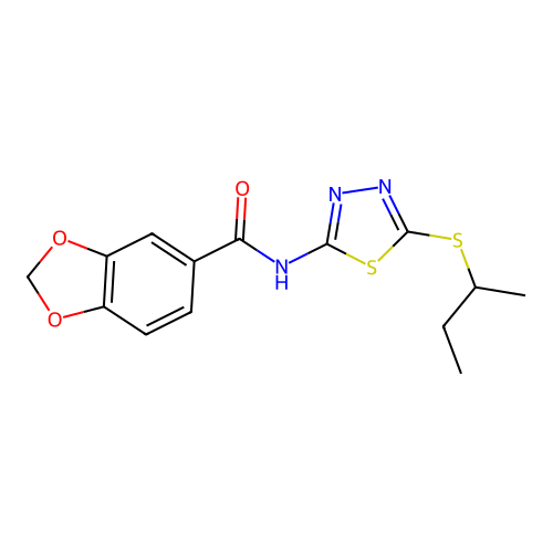N-(5-butan-2-ylsulfanyl-1,3,4-thiadiazol-2-yl)-1,3-benzodioxole-5-carboxamide structure