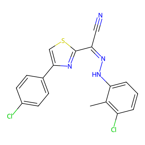(Z)-N'-(3-chloro-2-methylphenyl)-4-(4-chlorophenyl)thiazole-2-carbohydrazonoyl cyanide structure