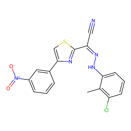 (Z)-N'-(3-chloro-2-methylphenyl)-4-(3-nitrophenyl)thiazole-2-carbohydrazonoyl cyanide structure
