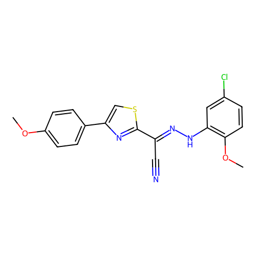 (2E)-[2-(5-chloro-2-methoxyphenyl)hydrazinylidene][4-(4-methoxyphenyl)-1,3-thiazol-2-yl]ethanenitrile structure