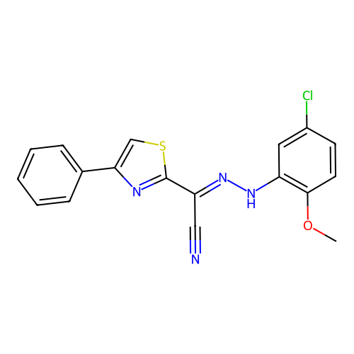 (2E)-N-(5-chloro-2-methoxyanilino)-4-phenyl-1,3-thiazole-2-carboximidoyl cyanide structure