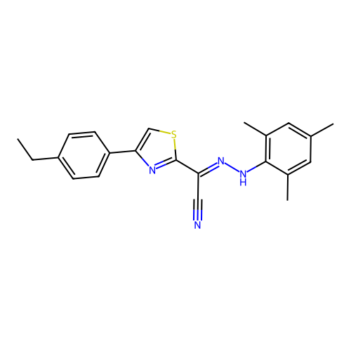 (E)-4-(4-ethylphenyl)-N'-mesitylthiazole-2-carbohydrazonoyl cyanide structure