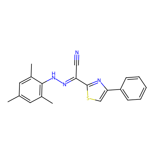 (2E)-4-phenyl-N-(2,4,6-trimethylanilino)-1,3-thiazole-2-carboximidoyl cyanide structure