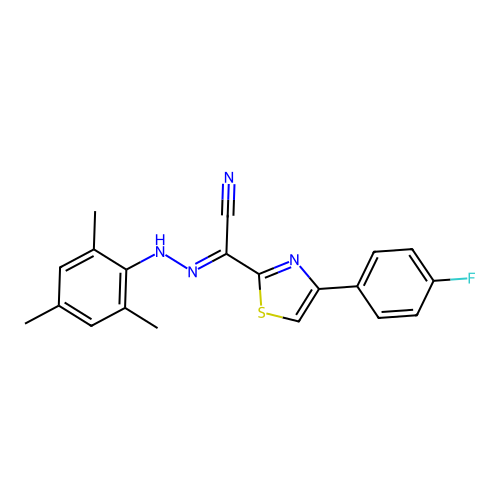 (E)-4-(4-fluorophenyl)-N'-mesitylthiazole-2-carbohydrazonoyl cyanide structure