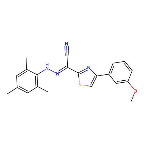 (E)-N'-mesityl-4-(3-methoxyphenyl)thiazole-2-carbohydrazonoyl cyanide structure