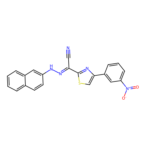 (E)-N'-(naphthalen-2-yl)-4-(3-nitrophenyl)thiazole-2-carbohydrazonoyl cyanide structure