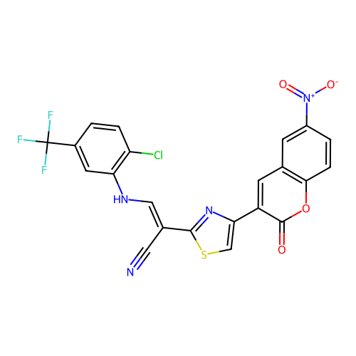 3-((2-chloro-5-(trifluoromethyl)phenyl)amino)-2-(4-(6-nitro-2-oxo-2H-chromen-3-yl)thiazol-2-yl)acrylonitrile structure