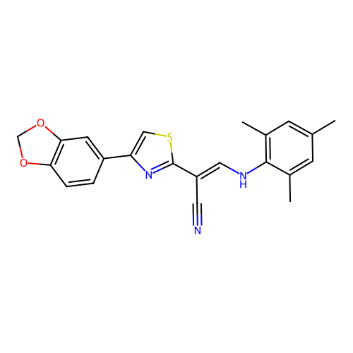 (E)-2-(4-(benzo[d][1,3]dioxol-5-yl)thiazol-2-yl)-3-(mesitylamino)acrylonitrile structure