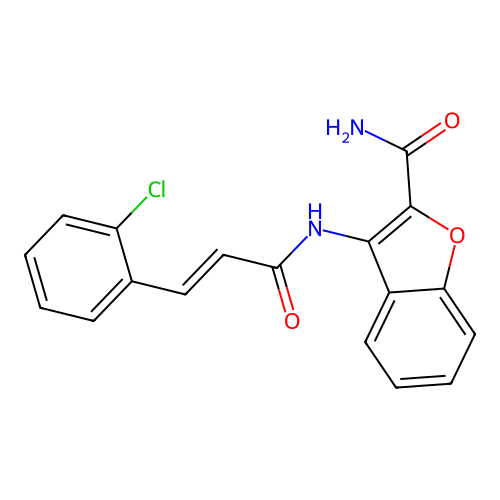(E)-3-(3-(2-chlorophenyl)acrylamido)benzofuran-2-carboxamide structure