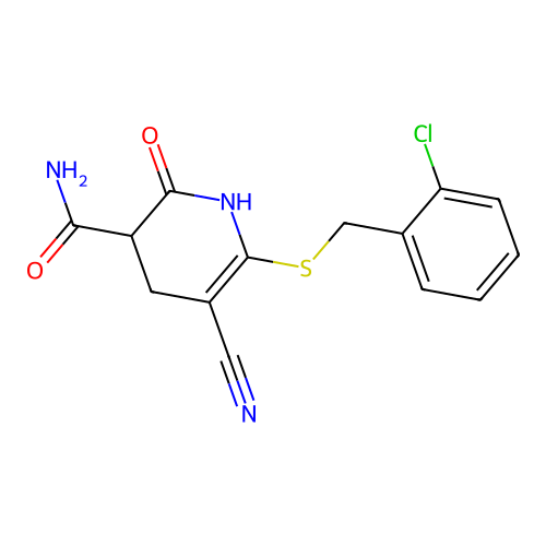 6-((2-chlorobenzyl)thio)-5-cyano-2-oxo-1,2,3,4-tetrahydropyridine-3-carboxamide structure