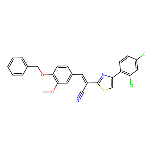 (2E)-3-[4-(benzyloxy)-3-methoxyphenyl]-2-[4-(2,4-dichlorophenyl)-1,3-thiazol-2-yl]prop-2-enenitrile structure