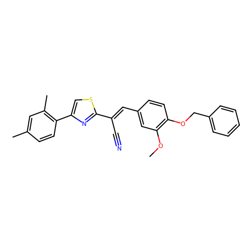 (2E)-3-[4-(benzyloxy)-3-methoxyphenyl]-2-[4-(2,4-dimethylphenyl)-1,3-thiazol-2-yl]prop-2-enenitrile structure