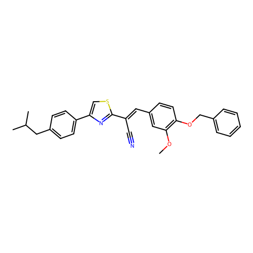 (E)-3-(4-(benzyloxy)-3-methoxyphenyl)-2-(4-(4-isobutylphenyl)thiazol-2-yl)acrylonitrile structure