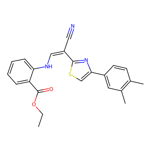 (Z)-ethyl 2-((2-cyano-2-(4-(3,4-dimethylphenyl)thiazol-2-yl)vinyl)amino)benzoate structure