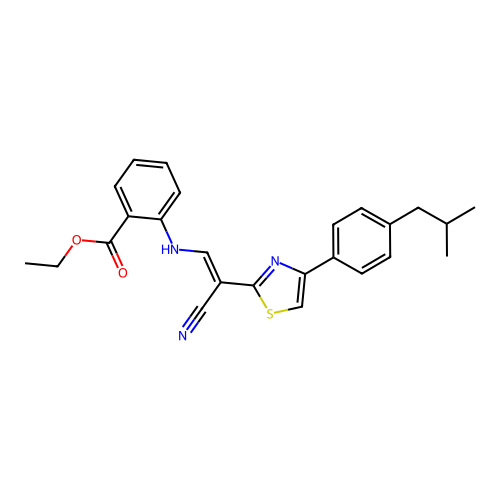 (E)-ethyl 2-((2-cyano-2-(4-(4-isobutylphenyl)thiazol-2-yl)vinyl)amino)benzoate structure