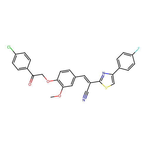 (2E)-3-{4-[2-(4-chlorophenyl)-2-oxoethoxy]-3-methoxyphenyl}-2-[4-(4-fluorophenyl)-1,3-thiazol-2-yl]prop-2-enenitrile structure
