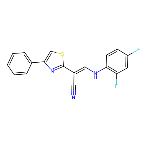 (E)-3-((2,4-difluorophenyl)amino)-2-(4-phenylthiazol-2-yl)acrylonitrile structure