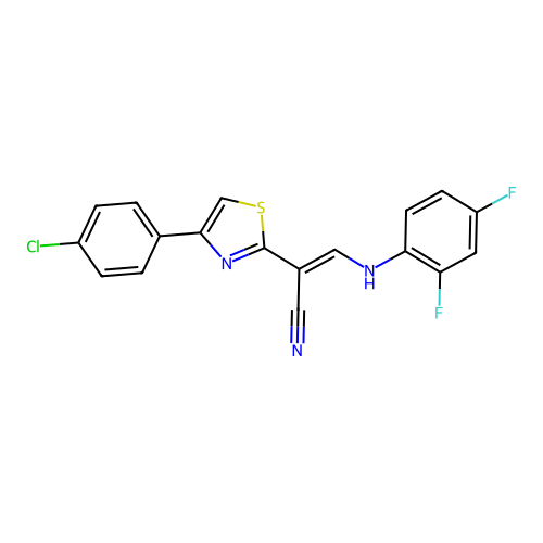 (E)-2-(4-(4-chlorophenyl)thiazol-2-yl)-3-((2,4-difluorophenyl)amino)acrylonitrile structure