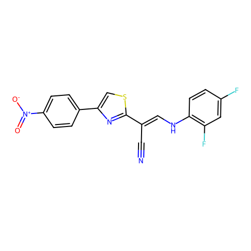 (E)-3-((2,4-difluorophenyl)amino)-2-(4-(4-nitrophenyl)thiazol-2-yl)acrylonitrile structure