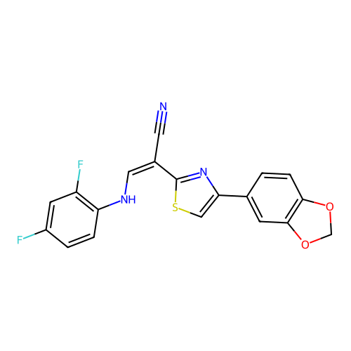 (Z)-2-(4-(benzo[d][1,3]dioxol-5-yl)thiazol-2-yl)-3-((2,4-difluorophenyl)amino)acrylonitrile structure