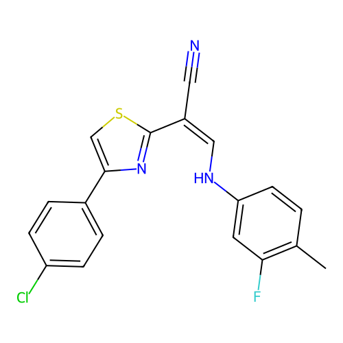 (Z)-2-(4-(4-chlorophenyl)thiazol-2-yl)-3-((3-fluoro-4-methylphenyl)amino)acrylonitrile structure