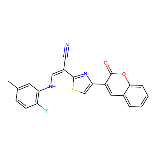 (2Z)-3-[(2-fluoro-5-methylphenyl)amino]-2-[4-(2-oxo-2H-chromen-3-yl)-1,3-thiazol-2-yl]prop-2-enenitrile structure