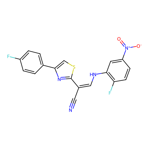 (Z)-3-((2-fluoro-5-nitrophenyl)amino)-2-(4-(4-fluorophenyl)thiazol-2-yl)acrylonitrile structure