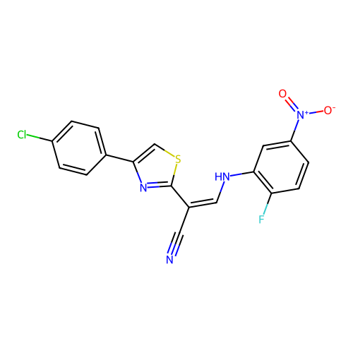 (Z)-2-(4-(4-chlorophenyl)thiazol-2-yl)-3-((2-fluoro-5-nitrophenyl)amino)acrylonitrile structure