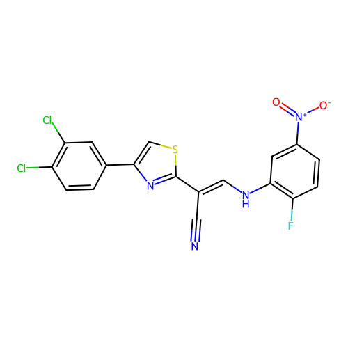 (2E)-2-[4-(3,4-dichlorophenyl)-1,3-thiazol-2-yl]-3-[(2-fluoro-5-nitrophenyl)amino]prop-2-enenitrile structure
