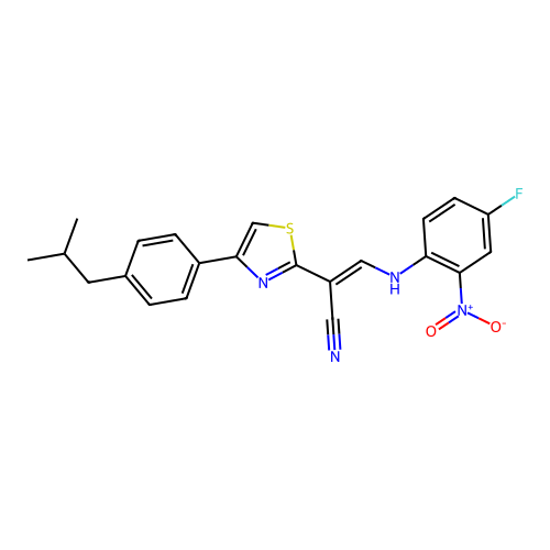(E)-3-((4-fluoro-2-nitrophenyl)amino)-2-(4-(4-isobutylphenyl)thiazol-2-yl)acrylonitrile structure