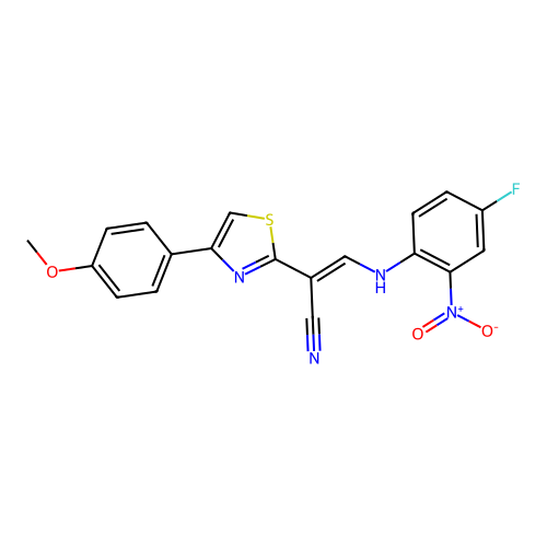 (E)-3-((4-fluoro-2-nitrophenyl)amino)-2-(4-(4-methoxyphenyl)thiazol-2-yl)acrylonitrile structure