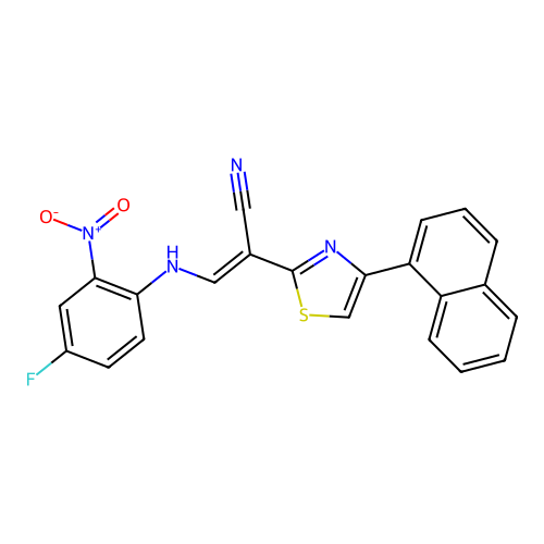 (E)-3-((4-fluoro-2-nitrophenyl)amino)-2-(4-(naphthalen-1-yl)thiazol-2-yl)acrylonitrile structure