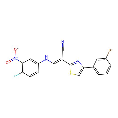 (2E)-2-[4-(3-bromophenyl)-1,3-thiazol-2-yl]-3-[(4-fluoro-3-nitrophenyl)amino]prop-2-enenitrile structure