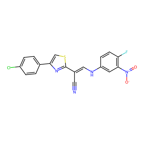 (2E)-2-[4-(4-chlorophenyl)-1,3-thiazol-2-yl]-3-[(4-fluoro-3-nitrophenyl)amino]prop-2-enenitrile structure