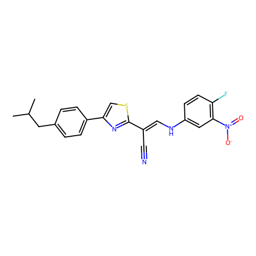 (2E)-3-[(4-fluoro-3-nitrophenyl)amino]-2-{4-[4-(2-methylpropyl)phenyl]-1,3-thiazol-2-yl}prop-2-enenitrile structure