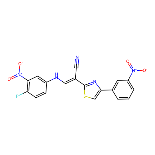 (2E)-3-[(4-fluoro-3-nitrophenyl)amino]-2-[4-(3-nitrophenyl)-1,3-thiazol-2-yl]prop-2-enenitrile structure
