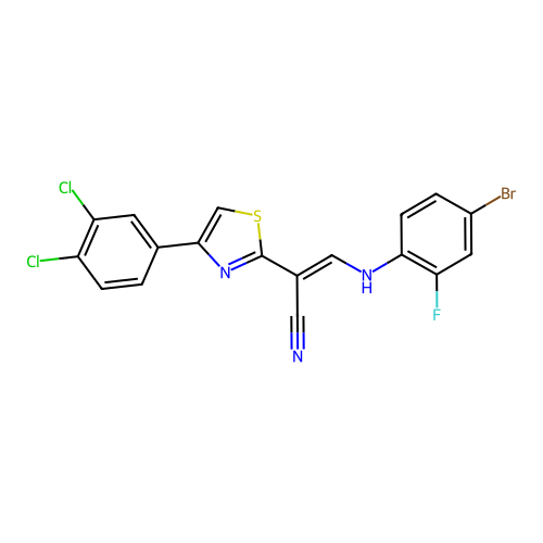 (E)-3-((4-bromo-2-fluorophenyl)amino)-2-(4-(3,4-dichlorophenyl)thiazol-2-yl)acrylonitrile structure