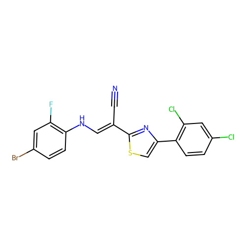 (2E)-3-[(4-bromo-2-fluorophenyl)amino]-2-[4-(2,4-dichlorophenyl)-1,3-thiazol-2-yl]prop-2-enenitrile structure