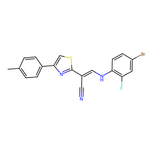 (2E)-3-[(4-bromo-2-fluorophenyl)amino]-2-[4-(4-methylphenyl)-1,3-thiazol-2-yl]prop-2-enenitrile structure